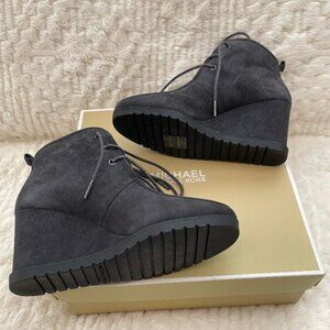 Michael Kors Light Charcoal Gray Suede Leather Wedge Lace Up Tie Boots